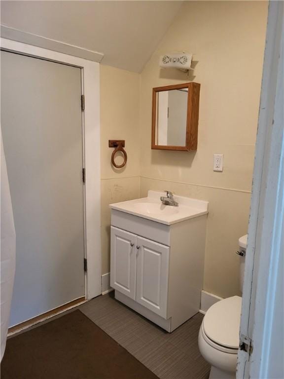 bathroom with toilet, vanity, and vaulted ceiling