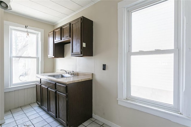 kitchen with a sink, dark brown cabinets, crown molding, and light countertops