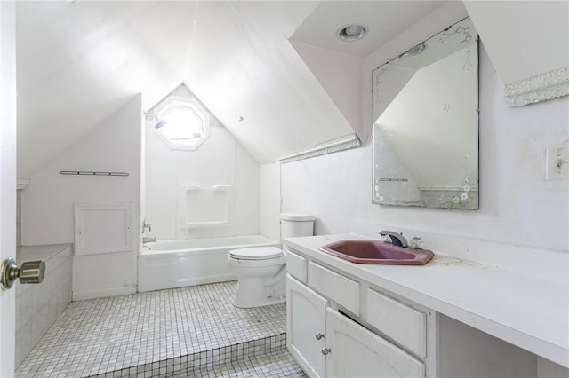 bathroom with tile patterned floors, toilet, shower / washtub combination, vanity, and vaulted ceiling