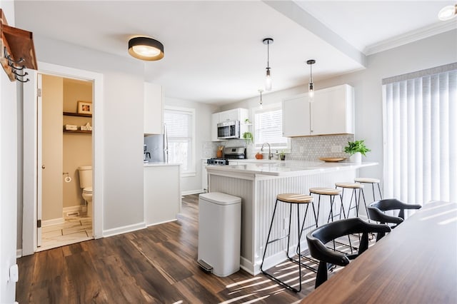 kitchen featuring dark wood-style floors, a peninsula, stainless steel appliances, decorative backsplash, and light countertops