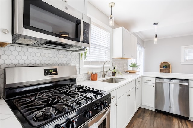 kitchen with decorative backsplash, a wealth of natural light, appliances with stainless steel finishes, and a sink