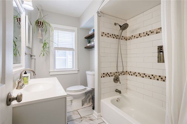 bathroom with vanity, shower / bath combination with curtain, toilet, and marble finish floor