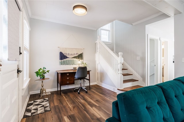 office area with dark wood finished floors, crown molding, and baseboards