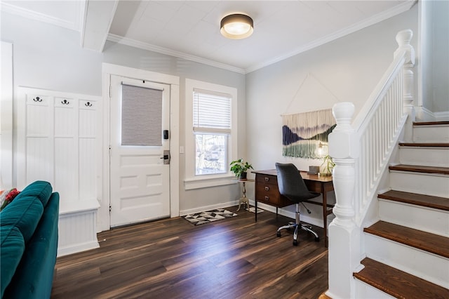 office space with dark wood-style floors, crown molding, and baseboards