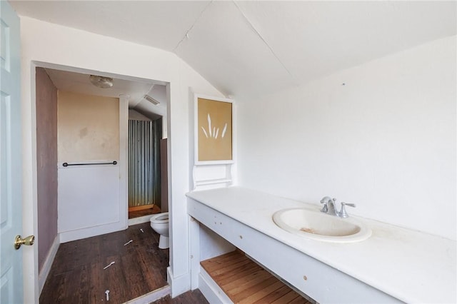 bathroom with vanity, wood finished floors, visible vents, lofted ceiling, and toilet