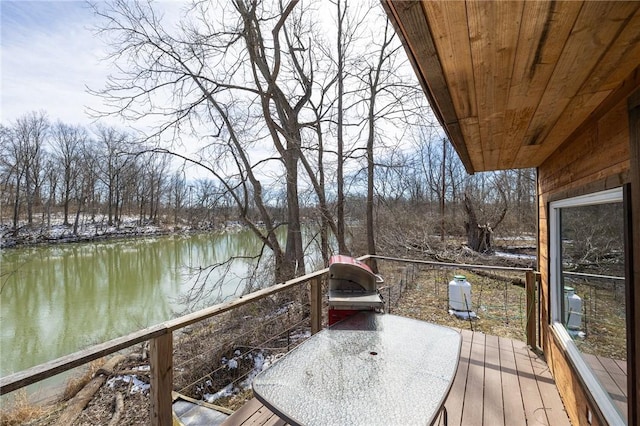 wooden deck featuring a water view