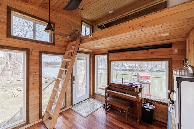 foyer entrance featuring plenty of natural light, wood walls, and wooden ceiling