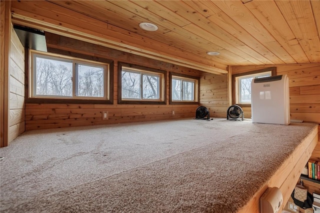 bonus room featuring wooden walls, carpet flooring, and wood ceiling