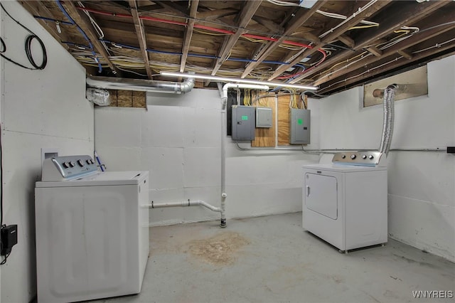 laundry room featuring washing machine and clothes dryer, laundry area, and electric panel