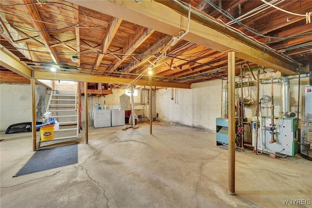 unfinished basement with washer and dryer, stairway, and a heating unit