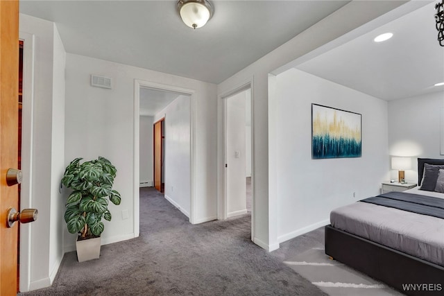 bedroom featuring visible vents, recessed lighting, baseboards, and carpet