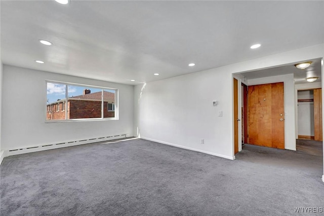 unfurnished room with recessed lighting, a baseboard radiator, carpet floors, and baseboards