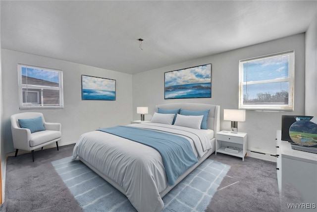 bedroom with a baseboard heating unit and carpet floors