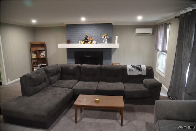 carpeted living room featuring recessed lighting, a fireplace, an AC wall unit, and crown molding