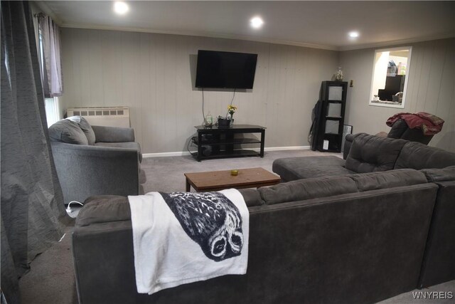 carpeted living area with crown molding, radiator, and baseboards