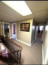 hallway featuring a drop ceiling, baseboards, and carpet floors