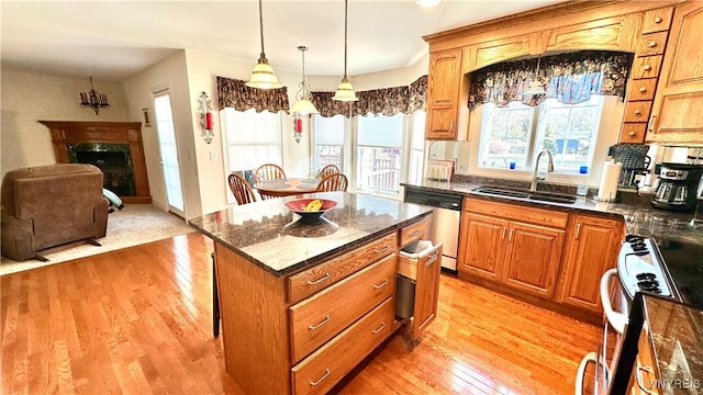 kitchen featuring a fireplace, a sink, light wood-style floors, range with electric stovetop, and dishwasher