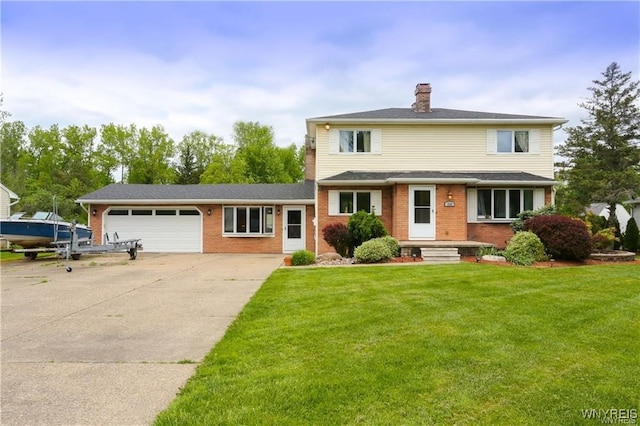 view of front of house featuring brick siding, concrete driveway, a front yard, and a garage