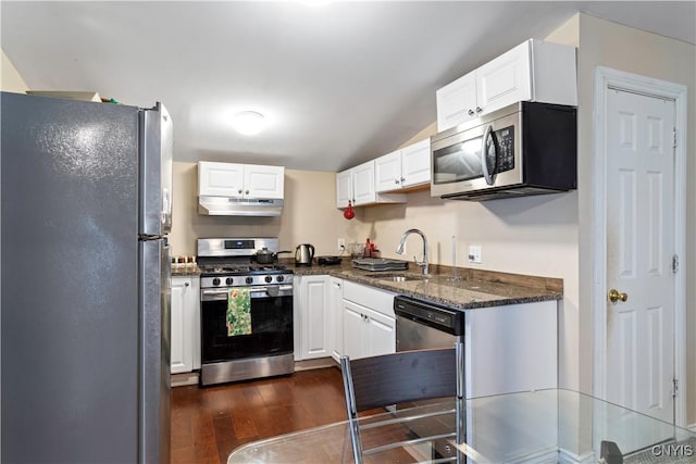 kitchen with under cabinet range hood, dark wood finished floors, appliances with stainless steel finishes, white cabinetry, and a sink