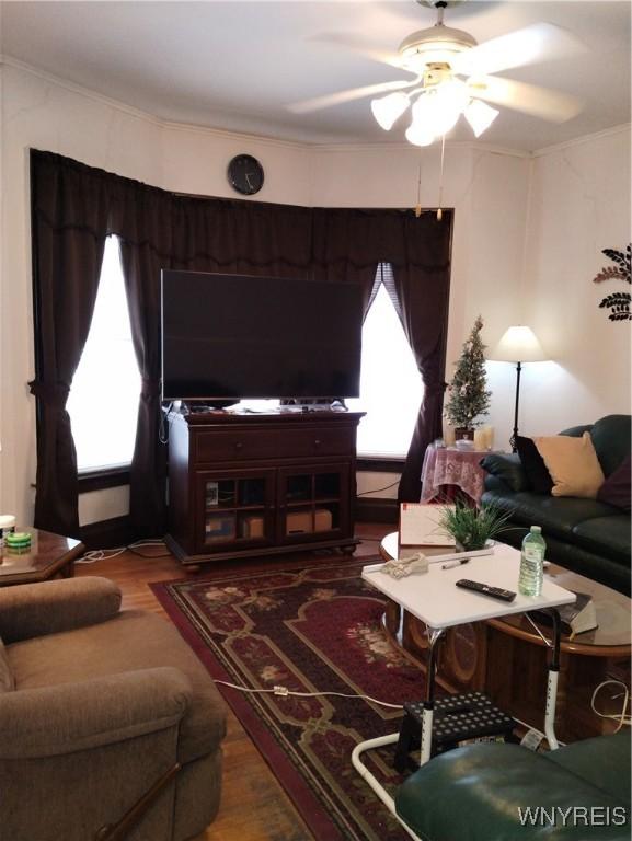 living area featuring a ceiling fan and wood finished floors