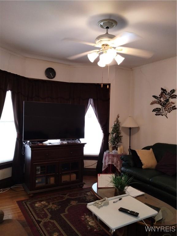 living area with ceiling fan, plenty of natural light, wood finished floors, and ornamental molding