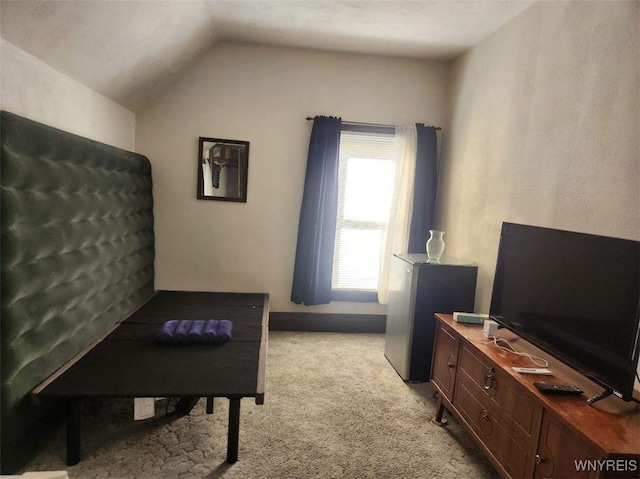 interior space with lofted ceiling and light colored carpet