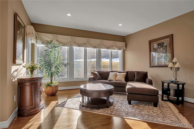 living area featuring recessed lighting, baseboards, and wood finished floors