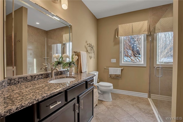 bathroom featuring vanity, baseboards, a shower stall, tile patterned floors, and toilet