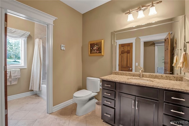 full bath with baseboards, toilet, tile patterned floors, shower / bath combination with curtain, and vanity