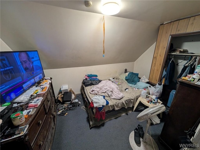 bedroom featuring lofted ceiling and carpet flooring