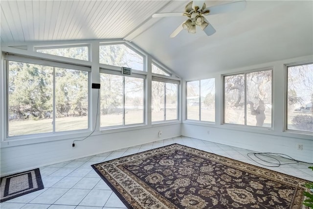 sunroom / solarium featuring lofted ceiling, a ceiling fan, and visible vents