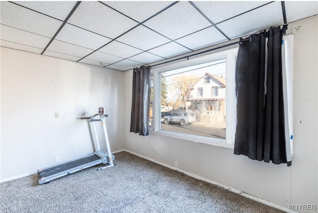 exercise area with baseboards, a paneled ceiling, and carpet floors