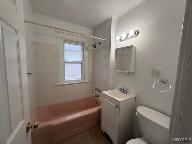 full bathroom with toilet, vanity, crown molding, and  shower combination