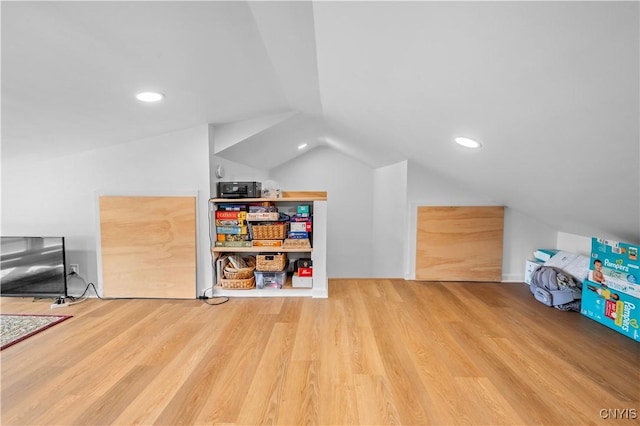 bonus room with recessed lighting, wood finished floors, and vaulted ceiling