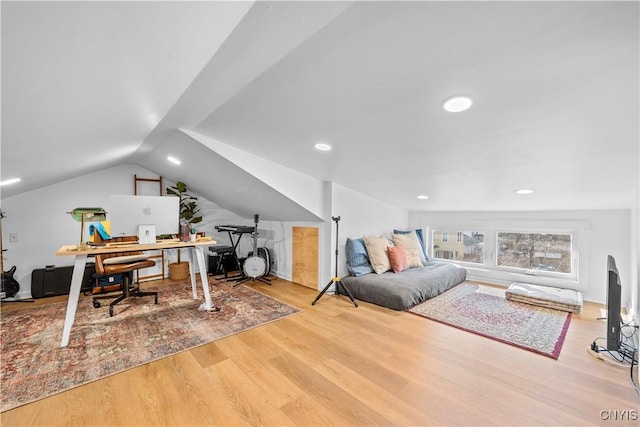 office area with recessed lighting, lofted ceiling, and wood finished floors