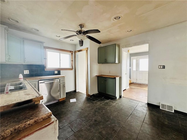 kitchen with visible vents, backsplash, dishwasher, and a healthy amount of sunlight