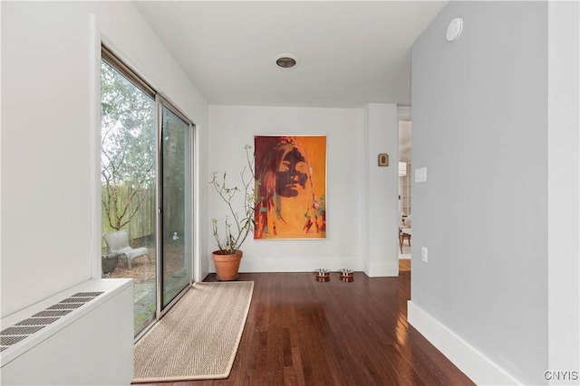 hall featuring radiator heating unit, baseboards, and wood finished floors