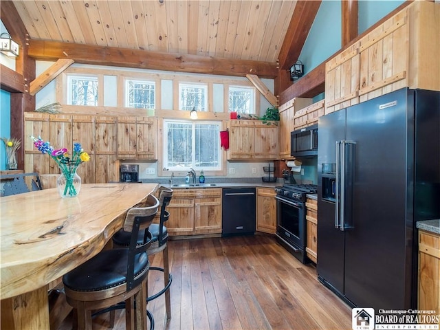 kitchen featuring wood ceiling, black appliances, light countertops, and a sink