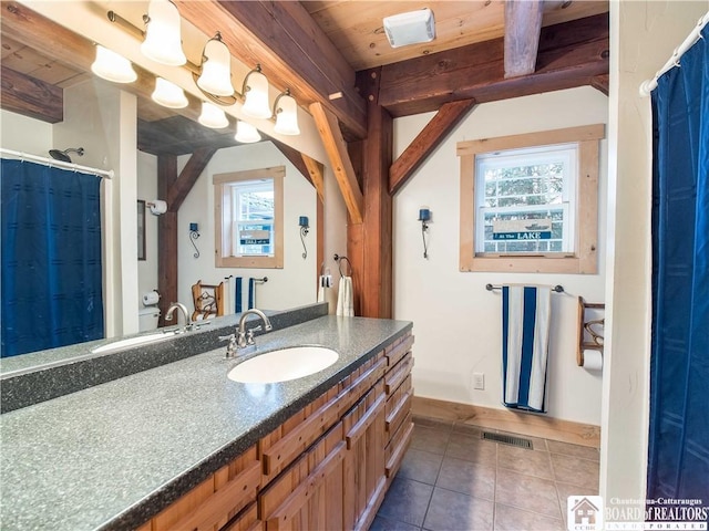 bathroom with tile patterned floors, visible vents, wood ceiling, and a wealth of natural light