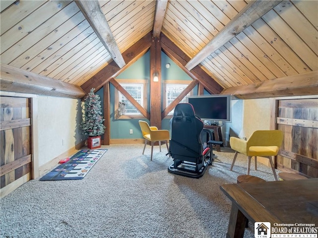 sitting room featuring wooden ceiling, vaulted ceiling with beams, and carpet