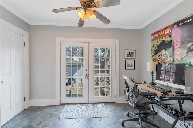 home office with crown molding, french doors, and baseboards