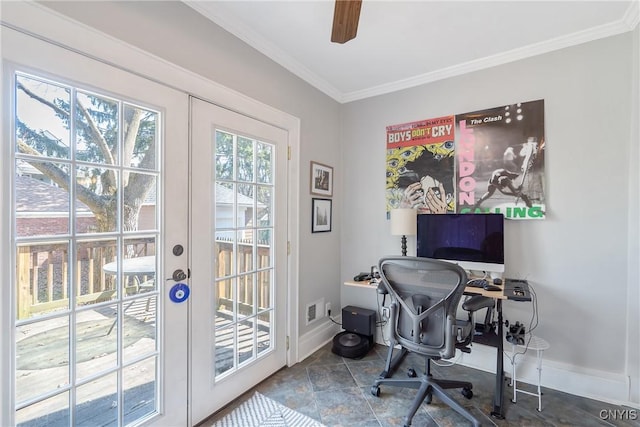 office area with french doors, baseboards, and ornamental molding