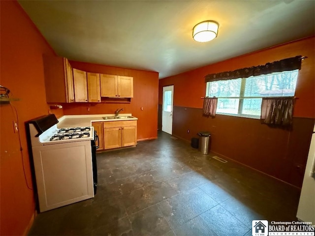 kitchen featuring a sink, white gas range oven, and light countertops