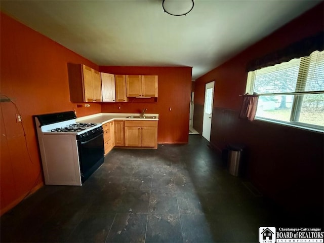 kitchen with gas stove, light countertops, and a sink