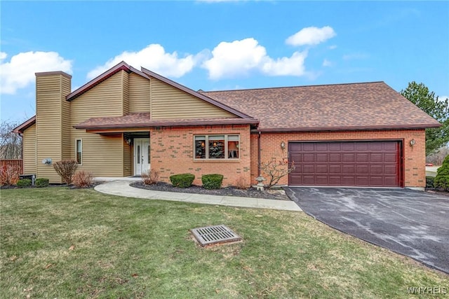 view of front of property with a front yard, a chimney, a shingled roof, a garage, and brick siding