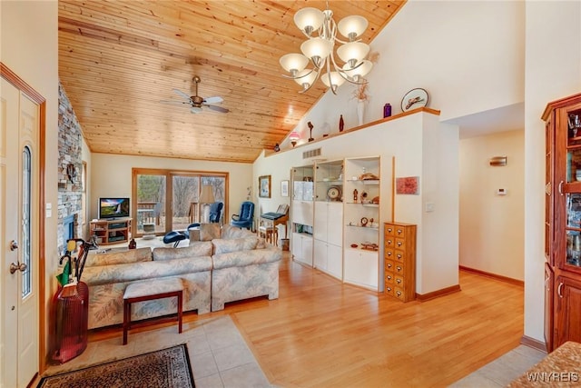 living area with high vaulted ceiling, ceiling fan with notable chandelier, wood ceiling, and wood finished floors