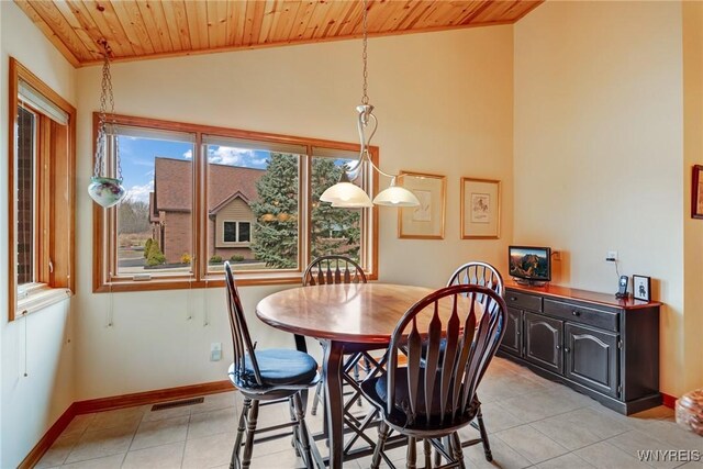 dining room with baseboards, visible vents, lofted ceiling, and wood ceiling