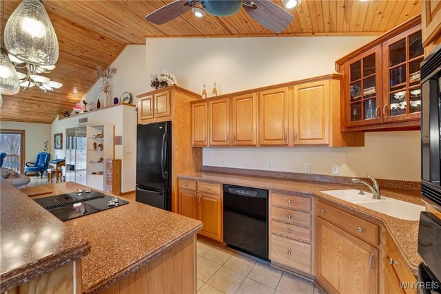 kitchen with a ceiling fan, light tile patterned flooring, a sink, black appliances, and wood ceiling