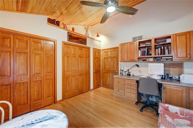 office space with light wood finished floors, built in desk, wooden ceiling, and vaulted ceiling