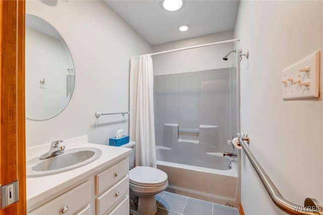 full bathroom with toilet, shower / bath combo, vanity, and tile patterned flooring